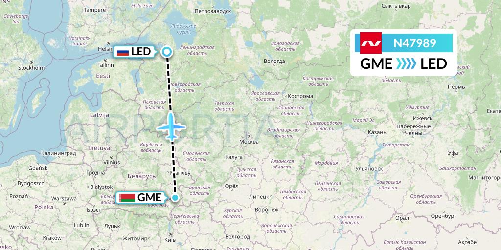 N47989 Nordwind Airlines Flight Map: Gomel to St. Petersburg