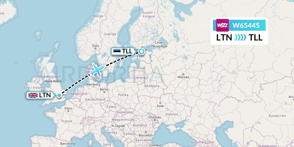 W65445 Wizz Air Flight Map: London to Tallinn