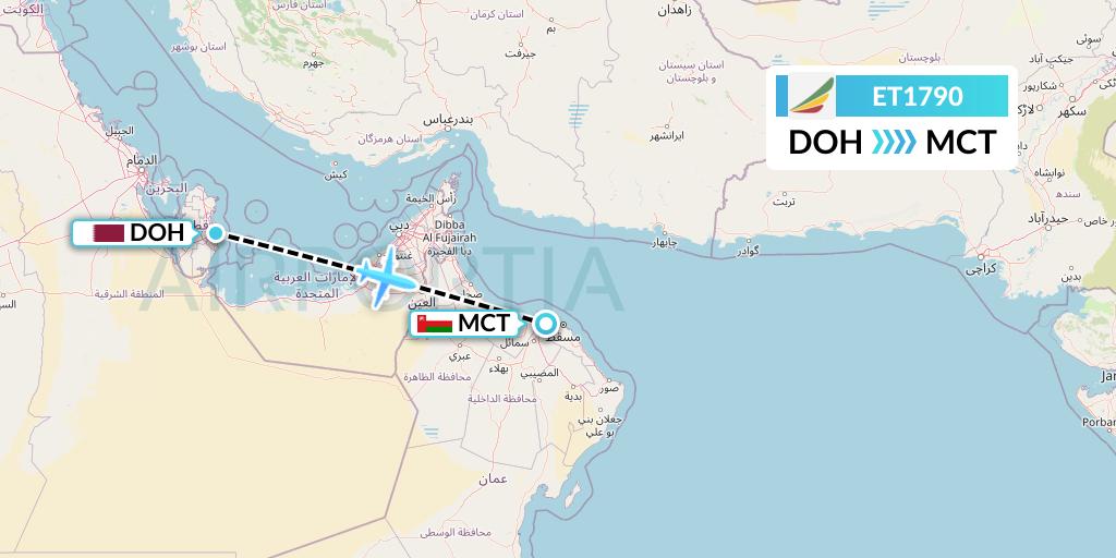 ET1790 Ethiopian Airlines Flight Map: Doha to Muscat