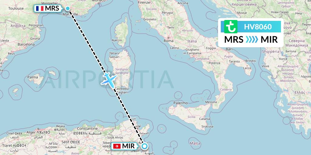 HV8060 Transavia Flight Map: Marseille to Monastir