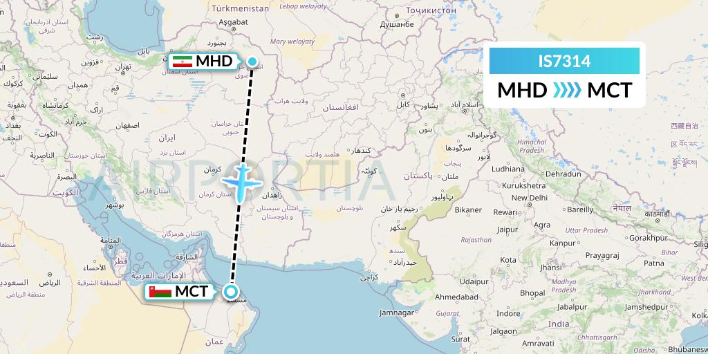 IS7314 Sepehran Airlines Flight Map: Mashhad to Muscat