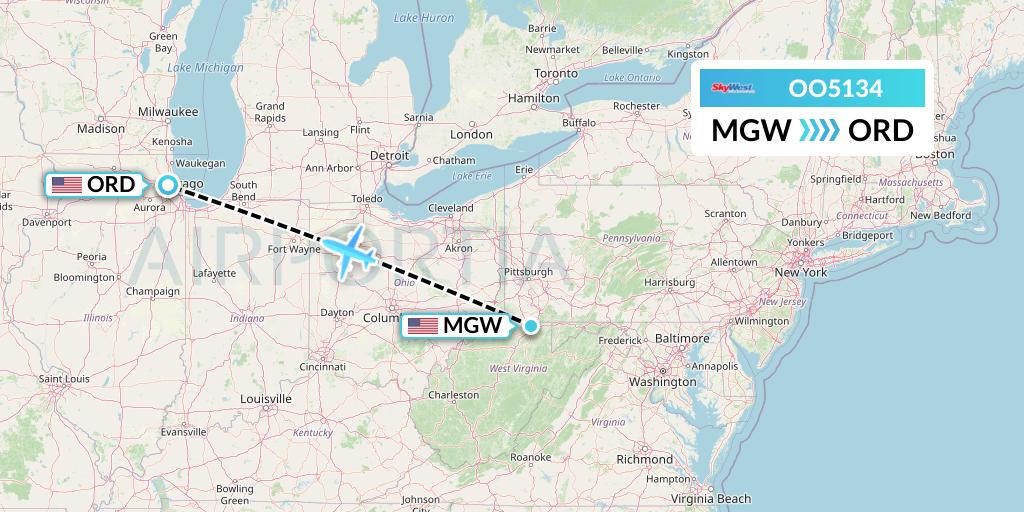 OO5134 SkyWest Airlines Flight Map: Morgantown to Chicago