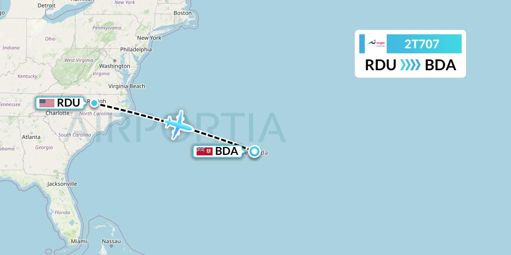 2T707 Trujet Flight Map: Raleigh-Durham to Bermuda