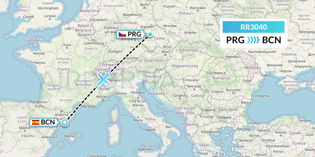 RR3040 Royal Air Force Flight Map: Prague to Barcelona