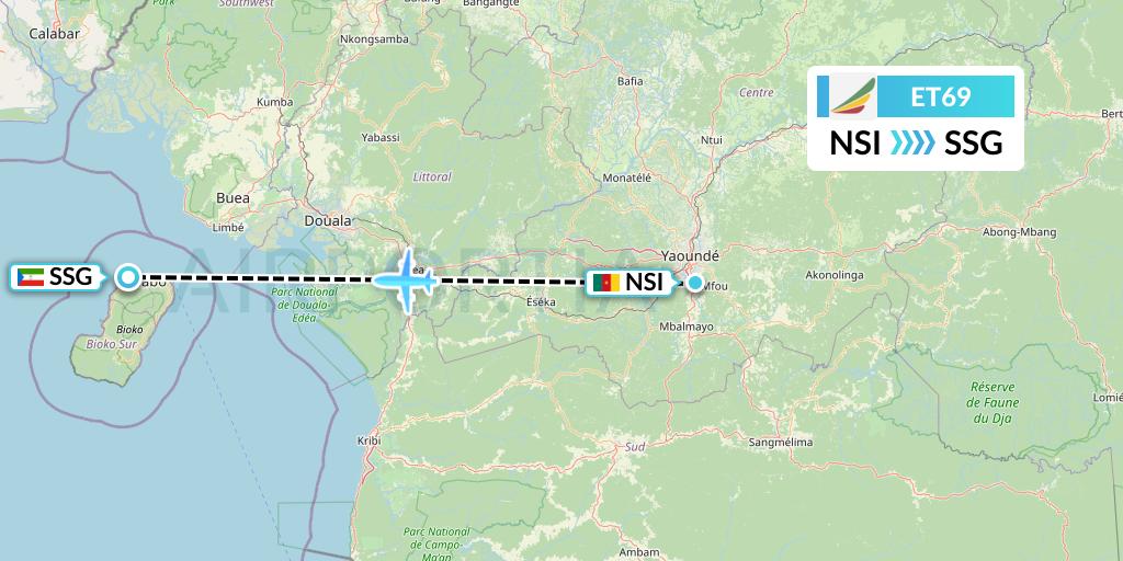 ET69 Ethiopian Airlines Flight Map: Yaounde to Malabo