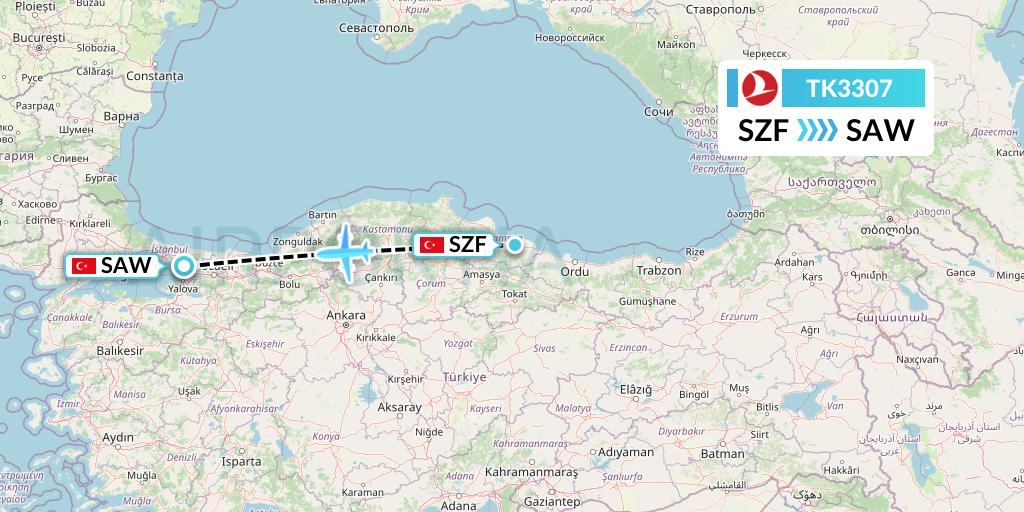TK3307 Turkish Airlines Flight Map: Samsun to Istanbul
