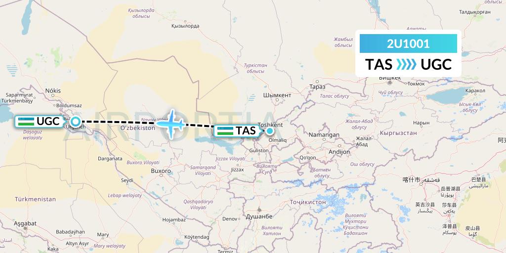 2U1001 Sun d'Or International Airlines Flight Map: Tashkent to Urgench