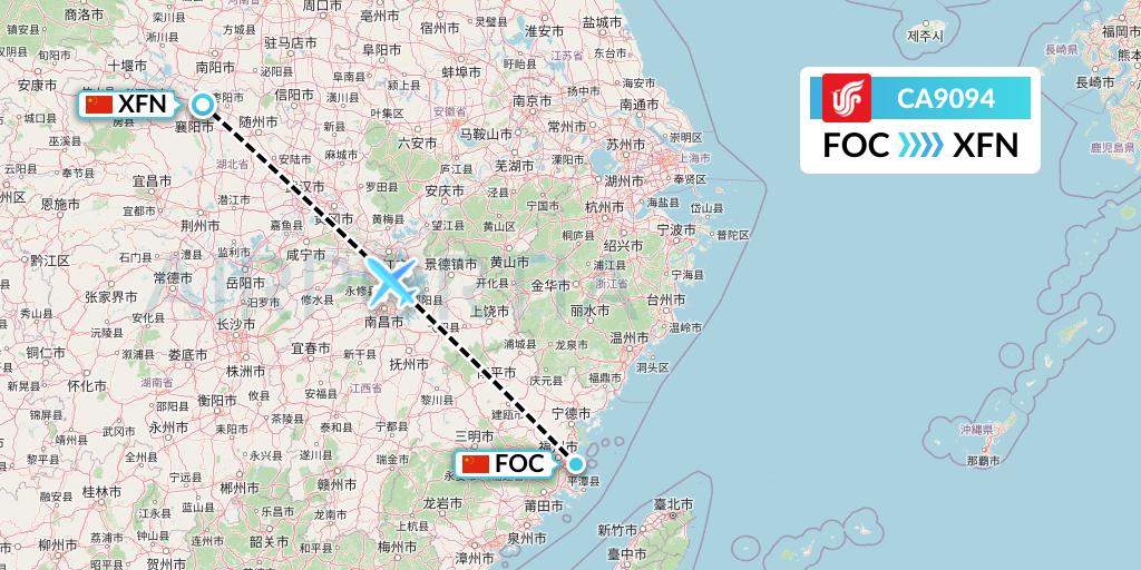 CA9094 Air China Flight Map: Fuzhou to Xiangyang