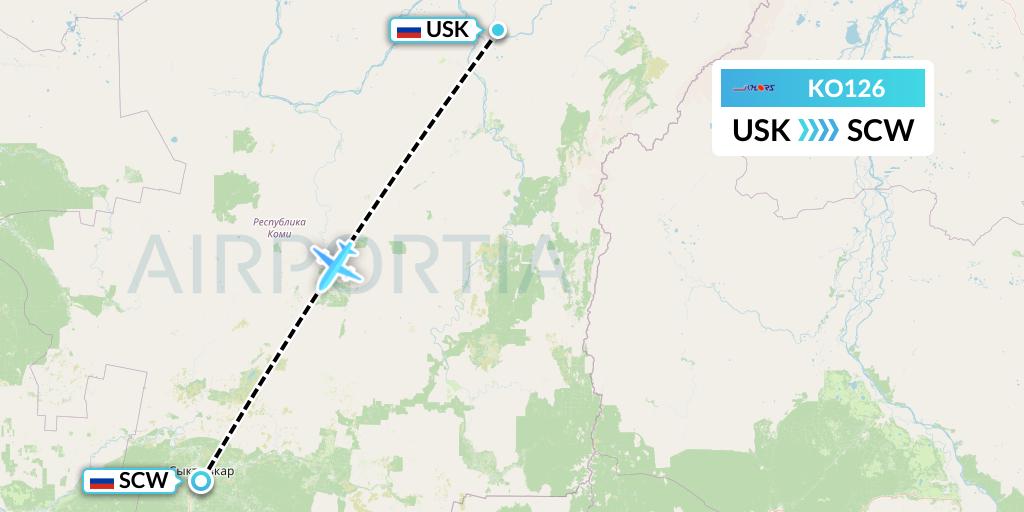 KO126 Komiaviatrans Flight Map: Usinsk to Syktyvkar