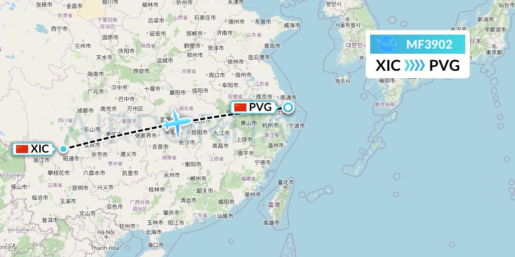 MF3902 Xiamen Airlines Flight Map: Xichang to Shanghai