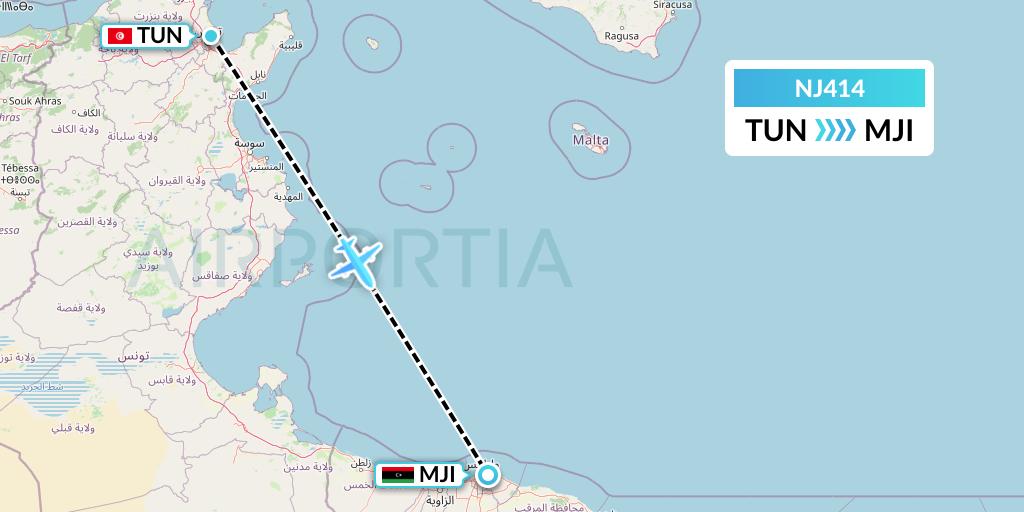 NJ414 Ghadames Air Transport Flight Map: Tunis to Tripoli