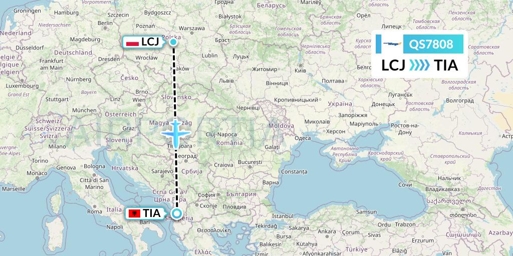 QS7808 Smartwings Flight Map: Lodz to Tirana