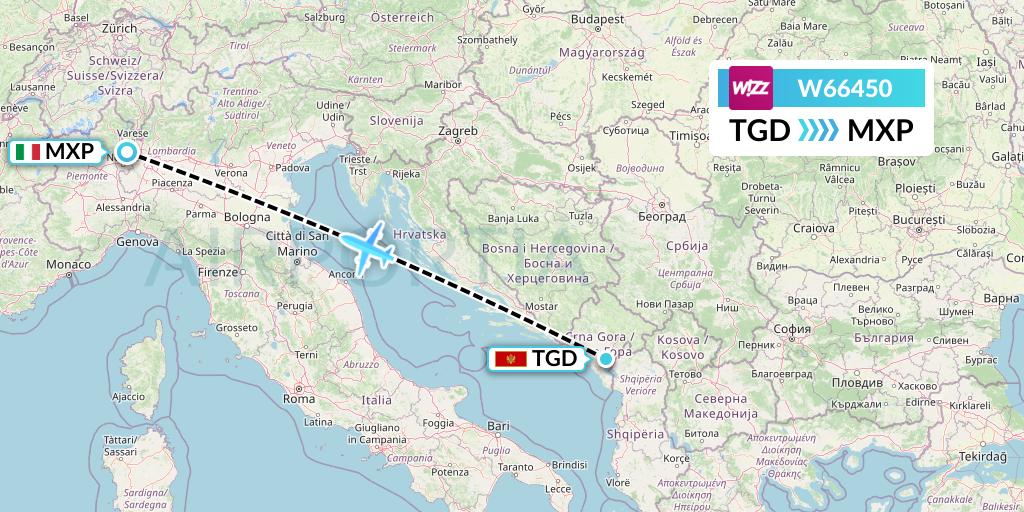 W66450 Wizz Air Flight Map: Podgorica to Milan