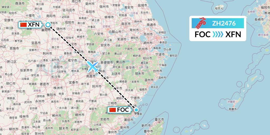 ZH2476 Shenzhen Airlines Flight Map: Fuzhou to Xiangyang