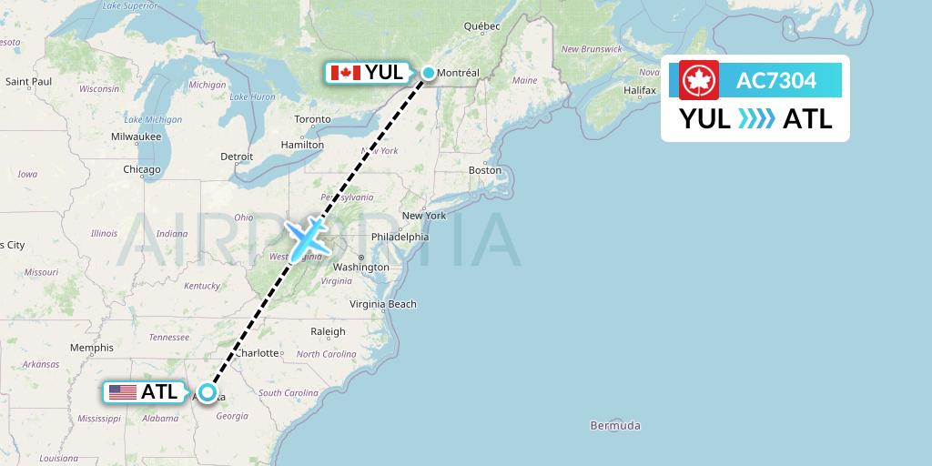 AC7304 Air Canada Flight Map: Montreal to Atlanta