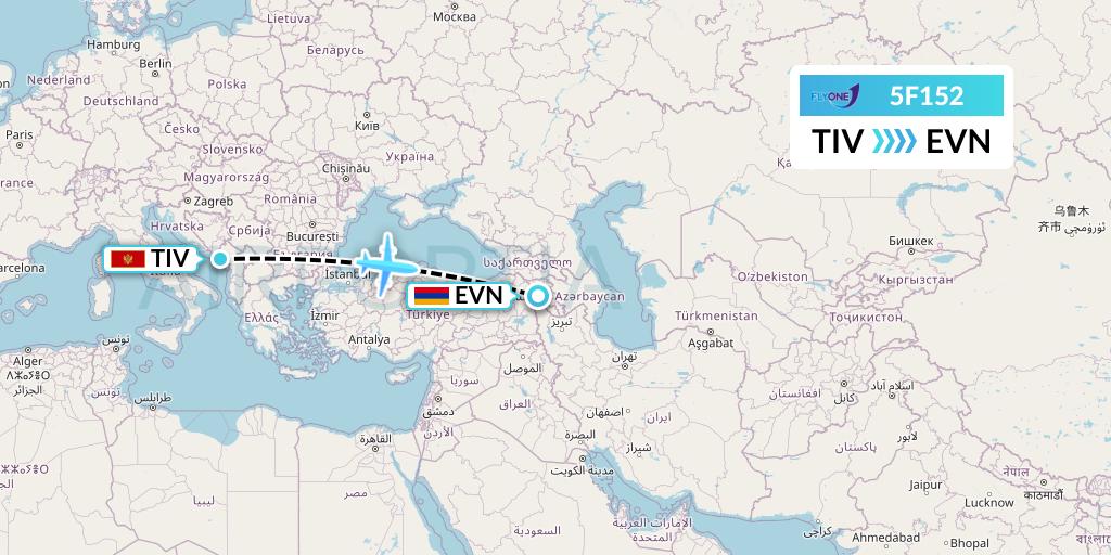 5F152 Fly One Flight Map: Tivat to Yerevan