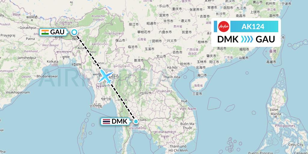 AK124 AirAsia Flight Map: Bangkok to Guwahati