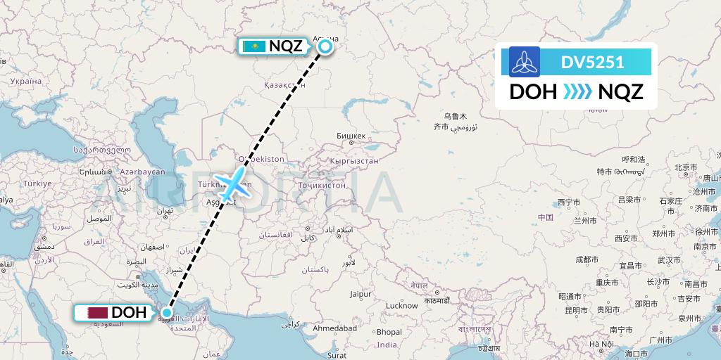 DV5251 SCAT Flight Map: Doha to Astana