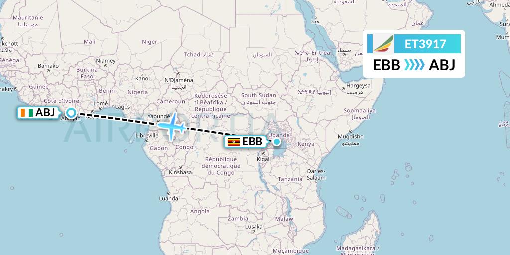 ET3917 Ethiopian Airlines Flight Map: Entebbe to Abidjan