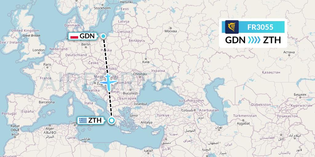 FR3055 Ryanair Flight Map: Gdansk to Zakynthos