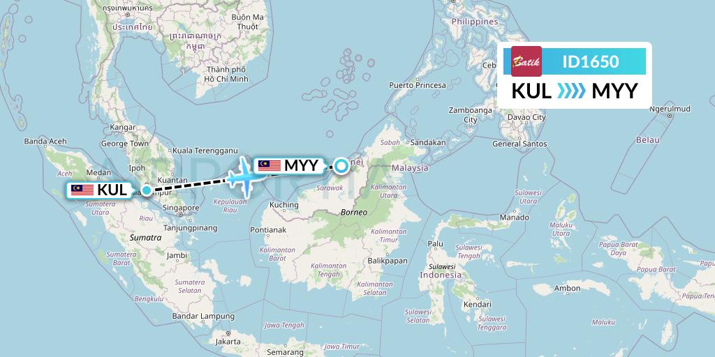 ID1650 Batik Air Flight Map: Kuala Lumpur to Miri