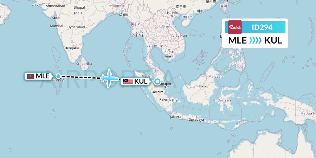 ID294 Batik Air Flight Map: Male to Kuala Lumpur