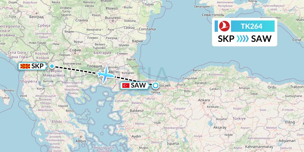 TK264 Turkish Airlines Flight Map: Skopje to Istanbul
