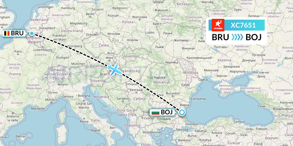XC7651 Corendon Airlines Flight Map: Brussels to Burgas