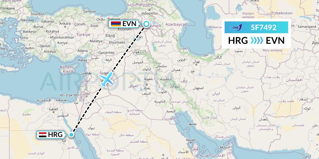 5F7492 Fly One Flight Map: Hurghada to Yerevan
