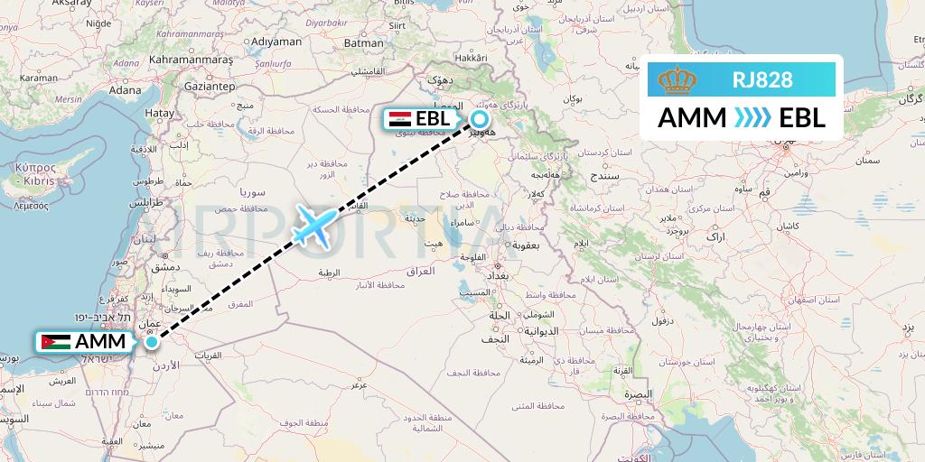 RJ828 Royal Jordanian Flight Map: Amman to Arbil