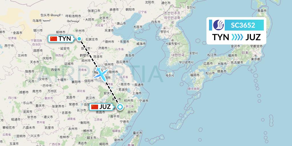 SC3652 Shandong Airlines Flight Map: Taiyuan to Quzhou