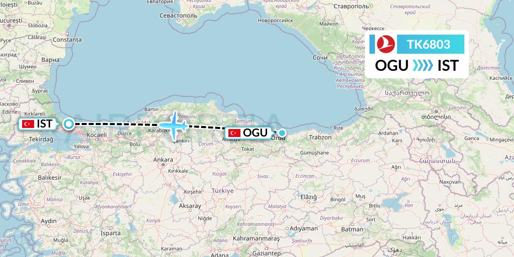 TK6803 Turkish Airlines Flight Map: Ordu to Istanbul