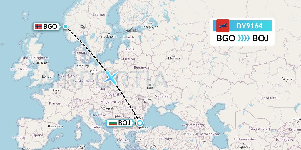 DY9164 Norwegian Flight Map: Bergen to Burgas