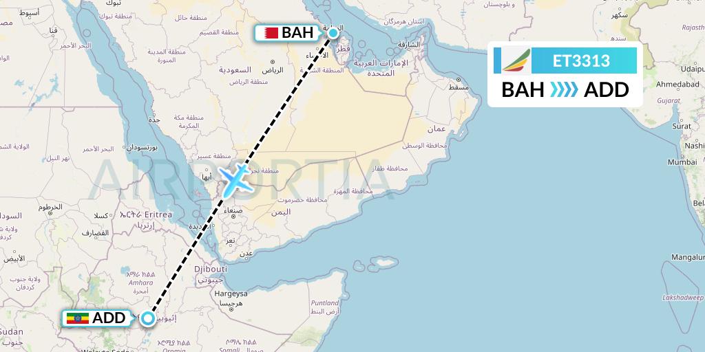 ET3313 Ethiopian Airlines Flight Map: Bahrain to Addis Ababa