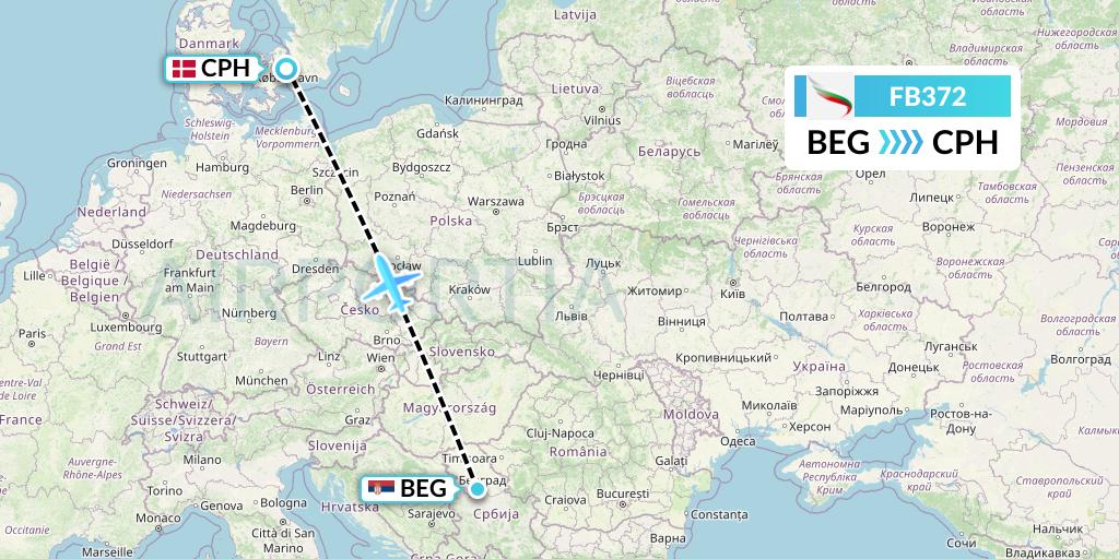 FB372 Bulgaria Air Flight Map: Belgrade to Copenhagen