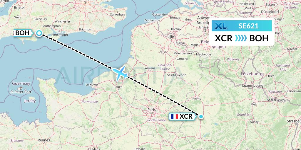 SE621 XL Airways France Flight Map: Paris to Bournemouth