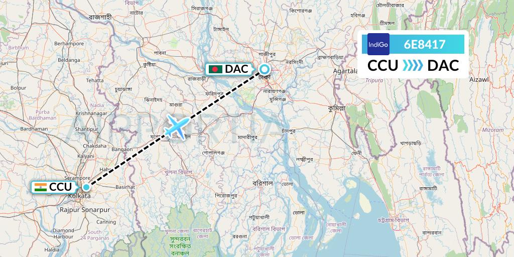 6E8417 IndiGo Airlines Flight Map: Kolkata to Dhaka