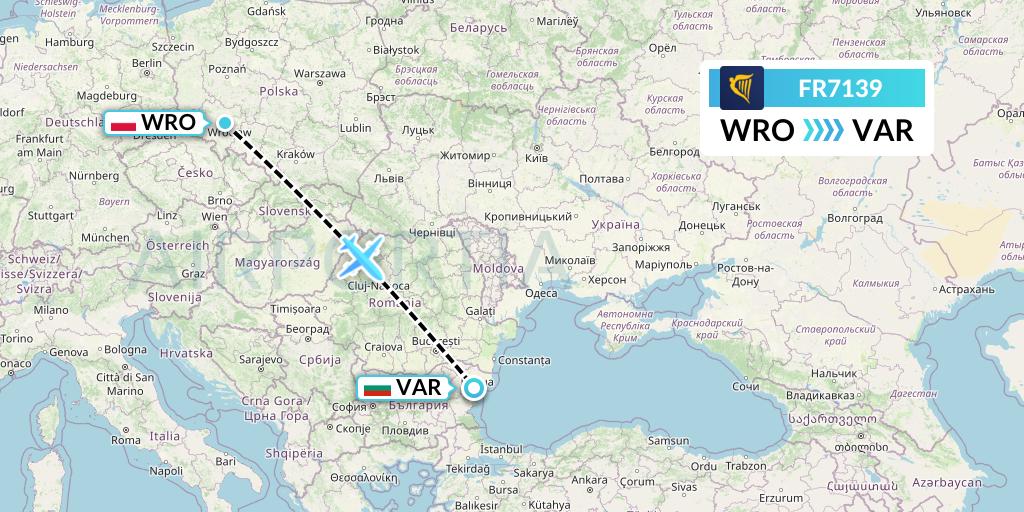 FR7139 Ryanair Flight Map: Wroclaw to Varna