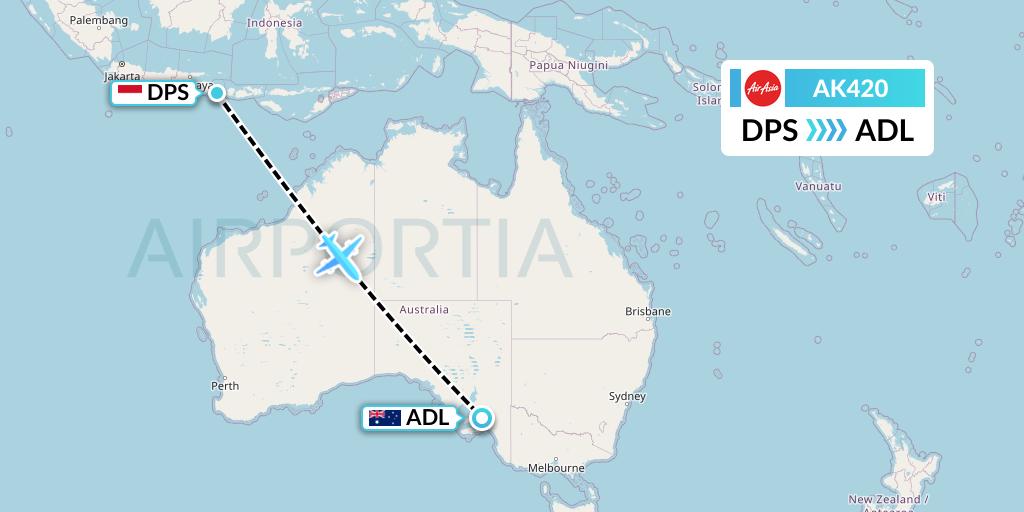 AK420 AirAsia Flight Map: Denpasar to Adelaide