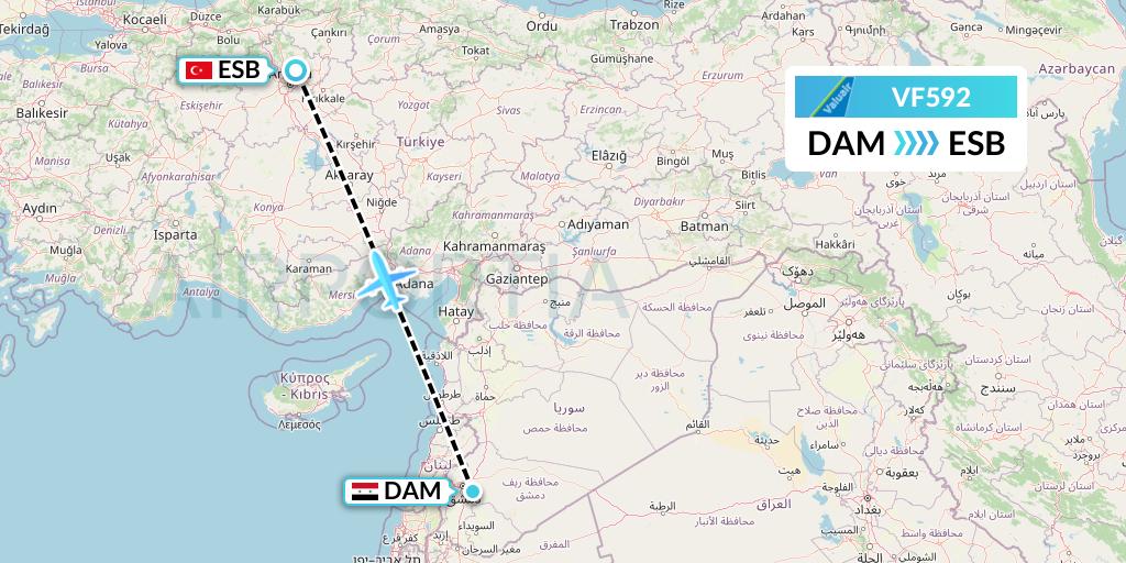 VF592 ValuAir Flight Map: Damascus to Ankara