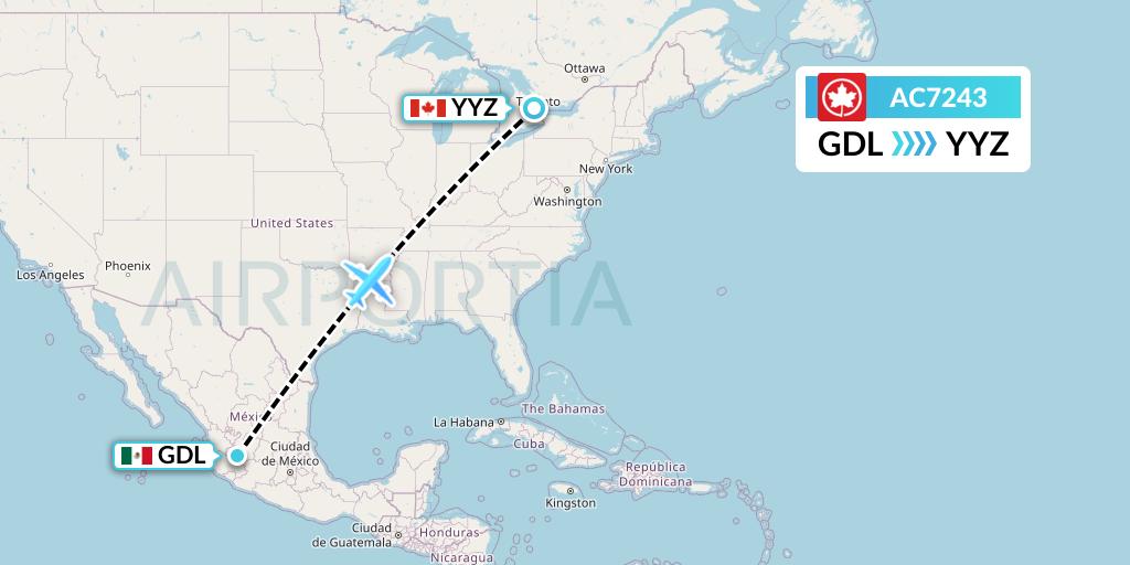 AC7243 Air Canada Flight Map: Guadalajara to Toronto