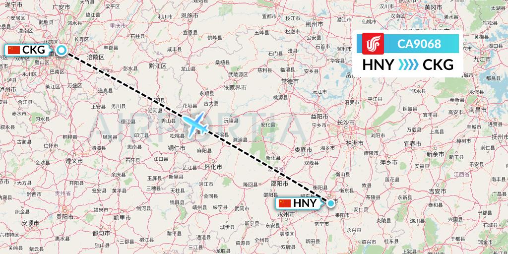 CA9068 Air China Flight Map: Hengyang to Chongqing