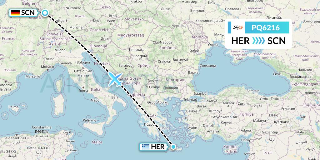 PQ6216 SkyUp Airlines Flight Map: Heraklion to Saarbrucken