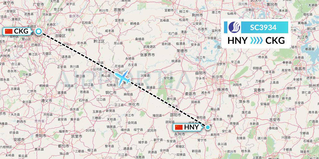 SC3934 Shandong Airlines Flight Map: Hengyang to Chongqing