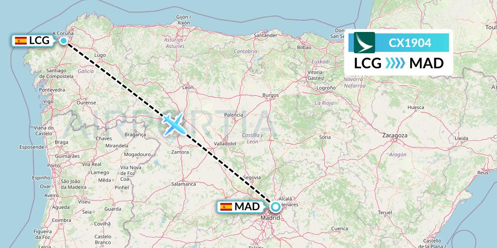 CX1904 Cathay Pacific Flight Map: A Coruna to Madrid