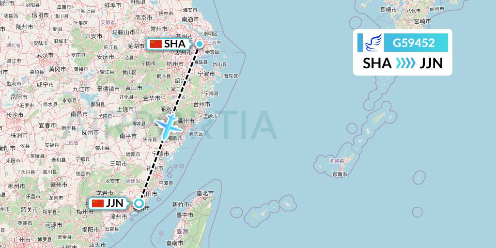 G59452 China Express Airlines Flight Map: Shanghai to Jinjiang