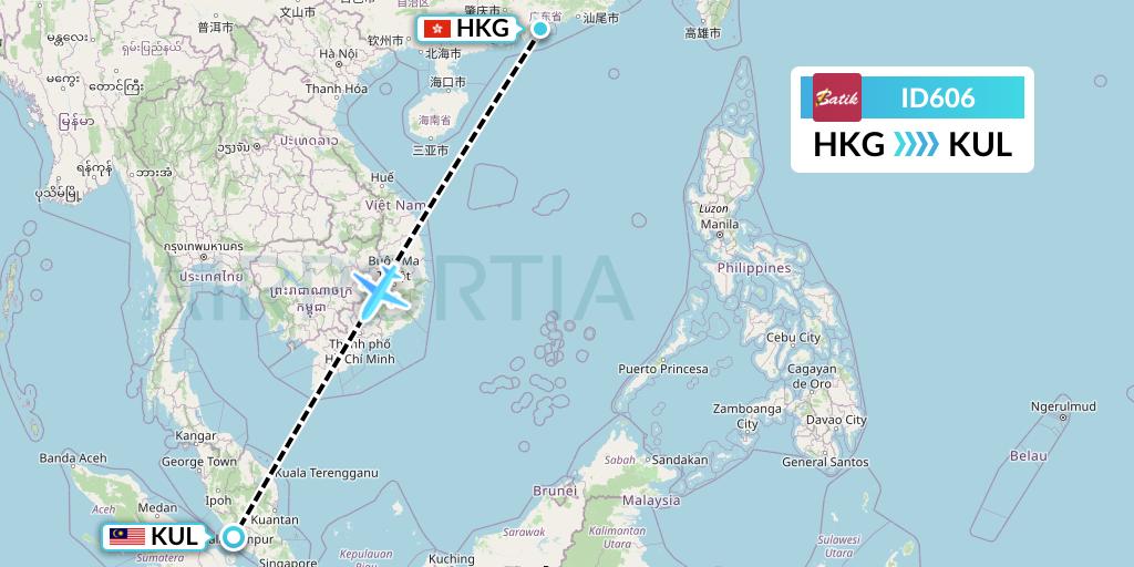 ID606 Batik Air Flight Map: Hong Kong to Kuala Lumpur