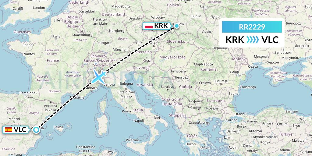 RR2229 Royal Air Force Flight Map: Krakow to Valencia