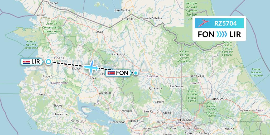 RZ5704 Sansa Airlines Flight Map: La Fortuna-San Carlos to Liberia