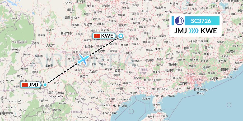 SC3726 Shandong Airlines Flight Map: Pu'er to Guiyang